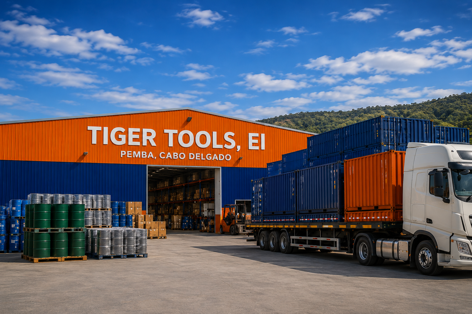 Tiger Tools logistics facility with containers and delivery truck